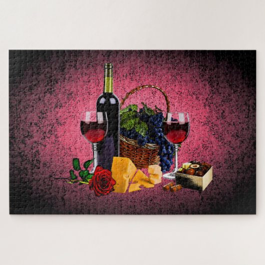 Romantisch wijnglas, flesje, kaas, druiven, roze legpuzzel (Horizontaal)