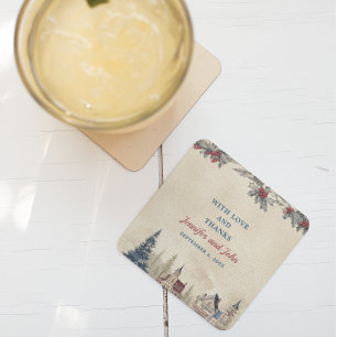 Romantisch Winter Bruiloft Vierkant Papier Onderze Vierkante Kartonnen Onderzetter