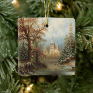 Romantisch winterlandschap met schaatsers keramisch ornament
