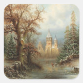Romantisch winterlandschap met schaatsers vierkante sticker (Voorkant)