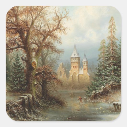 Romantisch winterlandschap met schaatsers vierkante sticker (Voorkant)