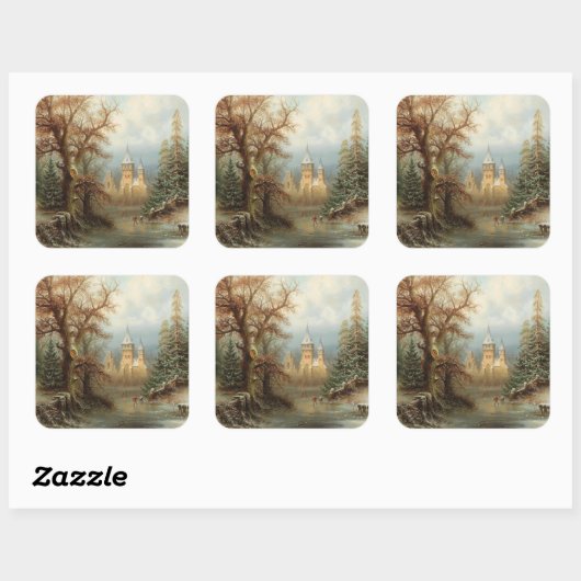 Romantisch winterlandschap met schaatsers vierkante sticker (Vel)