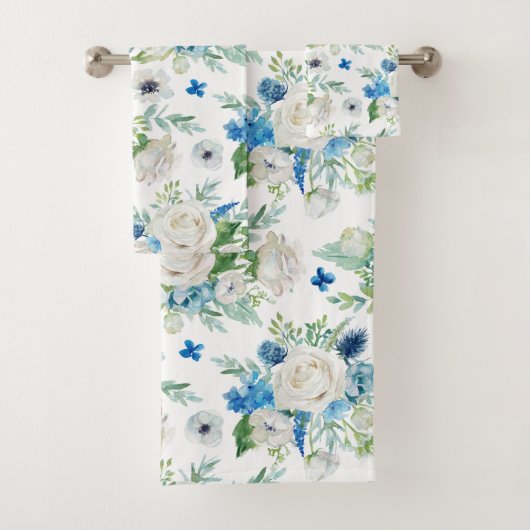 Romantisch Wit Rose & Blauw Bloemen Patroon Bad Handdoek (Insitu)