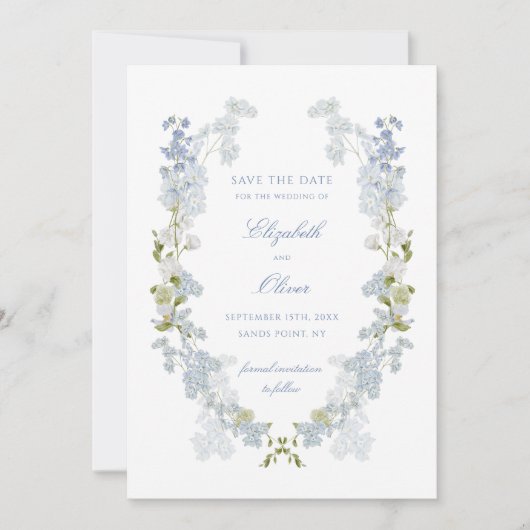 Romantisch Zacht Blauw  Bloemen Huwelijk QR Code Save The Date (Voorkant)