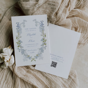 Romantisch Zacht Blauw  Bloemen Huwelijk QR Code Save The Date