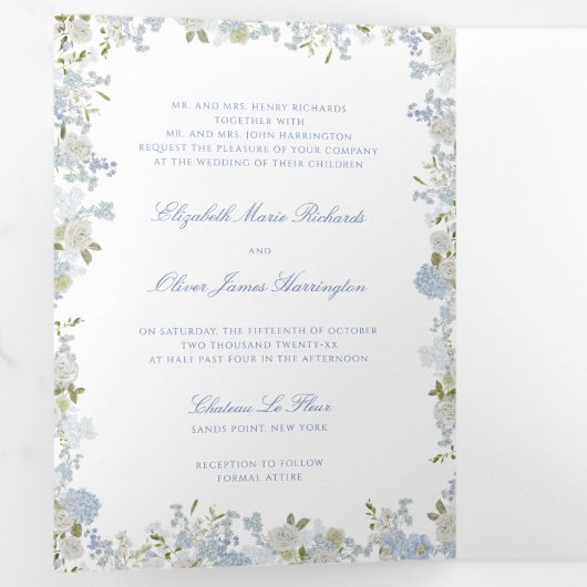 Romantisch Zacht Blauw Monogram Crest Bruiloft Drieluik Uitnodiging (Binnenzijde eerst)