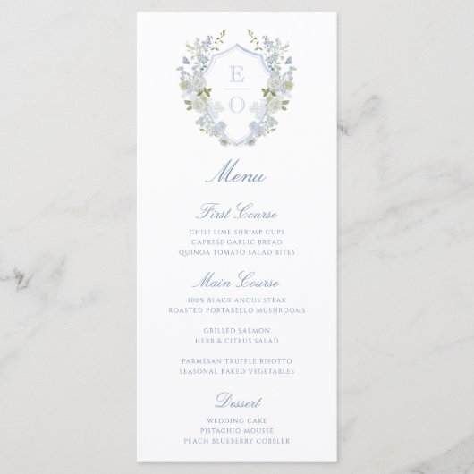 Romantisch Zacht Blauw Monogram Crest Bruiloft Menu (Voorkant)