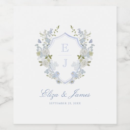 Romantisch Zacht Blauw Monogram Crest Bruiloft Wijn Etiket (Enkel label)