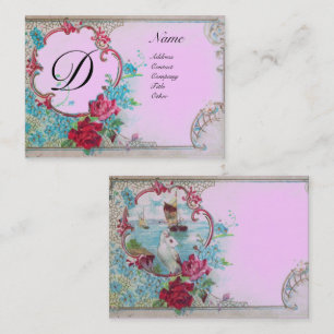 ROMANTISCH ZEE SCENE MET DUIF EN ROZEN MONOGRAM VISITEKAARTJE