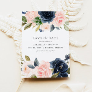 Romantisch & Zoet Navy Blush Bloemen Save the Date Kaart