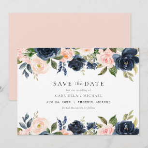 Romantisch & Zoet Navy Blush Bloemen Save the Date Kaart