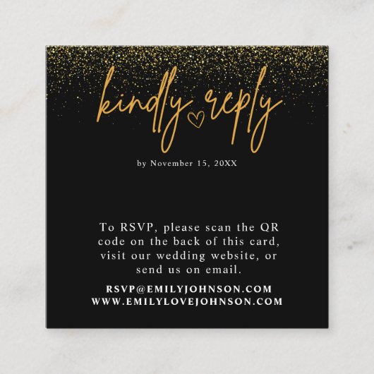 Romantisch Zwart en Goud QR Code Bruiloft RSVP Informatiekaartje (Voorkant)