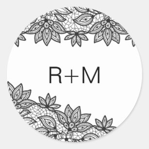 Romantisch zwart-wit kant bruiloft monogram ronde sticker