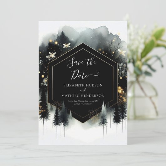 Romantische aangepaste betoverde bos bruiloft save the date (Staand voorkant)