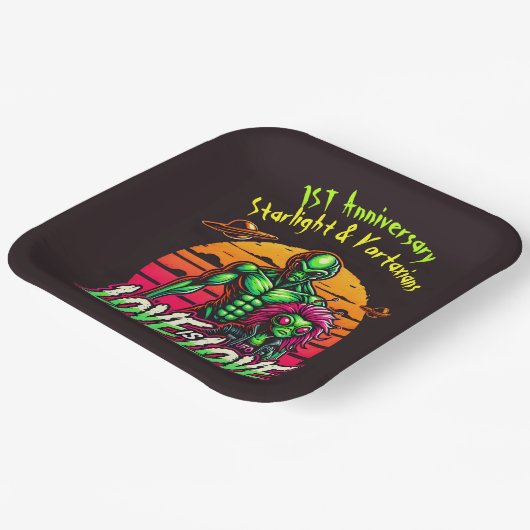 Romantische aliens onder kosmische zonsondergang papieren bordje (Gebogen)