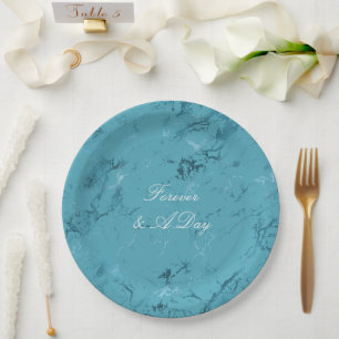 Romantische Aqua Blauw Marmeren Bruiloft Papieren Bordje