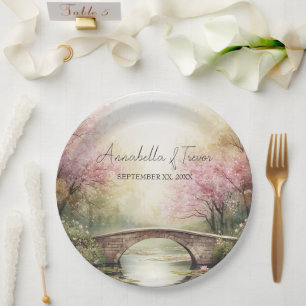 Romantische Aquarelbrug & Bloesems Aangepaste Naam Papieren Bordje