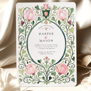 Romantische Art Nouveau Roze Pioen Huwelijk Kaart
