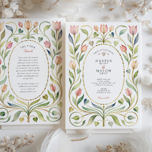 Romantische Art Nouveau Tulp & Harten Gouden Bruil Kaart