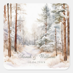 Romantische besneeuwde winter bos bruiloft vierkante sticker