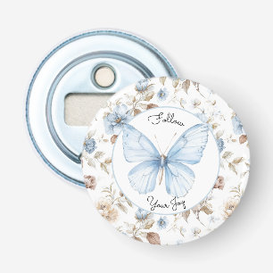 Romantische Blau Bloemen Bruine Bladeren Vlinder Button Flesopener