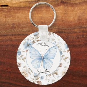 Romantische Blau Bloemen Bruine Bladeren Vlinder Sleutelhanger