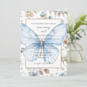 Romantische Blauwe Bloemen Bladeren Vlinder Bruilo Kaart