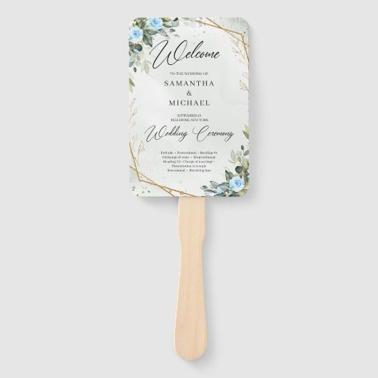 Romantische Blauwe bloemen en eucalyptus gouden br Handwaaier (Voorkant)