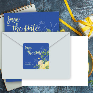Romantische Blauwe Bloemen Lemon Wedding Save the  Vierkante Sticker