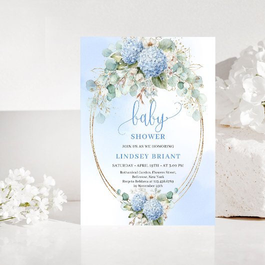 Romantische Blauwe Hortensia Baby Shower Gouden Ui Kaart