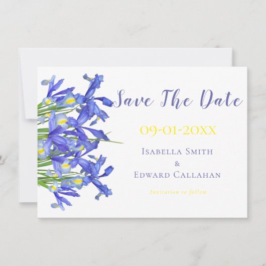 Romantische Blauwe Irissen Bloemen Waterverf Bruil Save The Date (Voorkant)