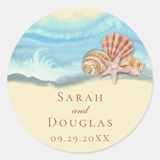 Romantische blauwe oceaangolf- en schelpentrouwdag ronde sticker (Voorkant)