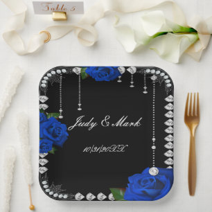 Romantische blauwe Rozen en diamanten Papieren Bordje