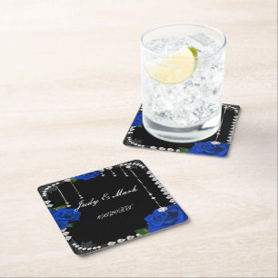 Romantische blauwe Rozen en diamanten Vierkante Kartonnen Onderzetter