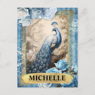 Romantische Blauwe Rozen en Peacock Fantasy Briefkaart