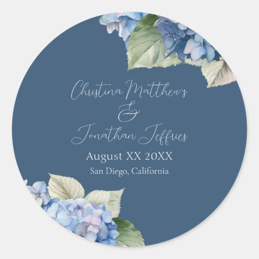 Romantische Blauwe Waterverf Hydrangea Bloemen op  Ronde Sticker (Voorkant)