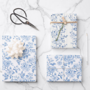 Romantische Blauwe Witte Bloemen Bruidsdouche Inpakpapier Vel