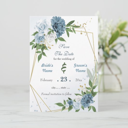 Romantische blauwe witte bloemen goud geometrisch save the date (Staand voorkant)