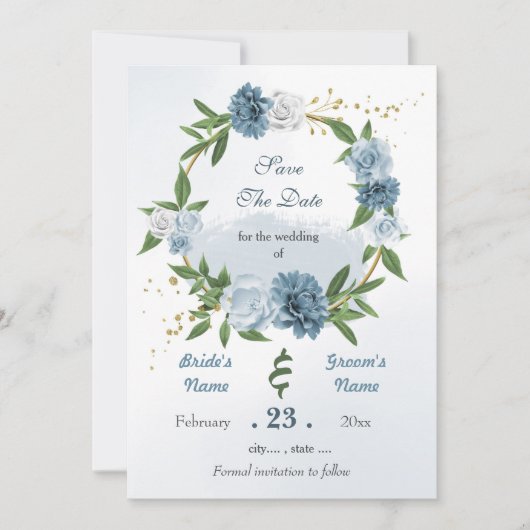 Romantische blauwe witte bloemen gouden baard save the date (Voorkant)