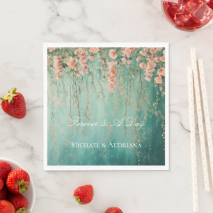 Romantische Blauwgroen Blush Perzik Bloemen bruilo Servet