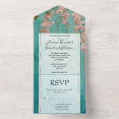Romantische Blauwgroen Blush Pink Flowers Wedding All In One Uitnodiging (Binnen)