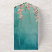 Romantische Blauwgroen Blush Pink Flowers Wedding All In One Uitnodiging (Buitenkant)