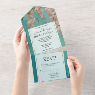 Romantische Blauwgroen Blush Pink Flowers Wedding All In One Uitnodiging