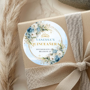 Romantische Bleekblauwe Gouden Eucalyptus 15e Verj Ronde Sticker