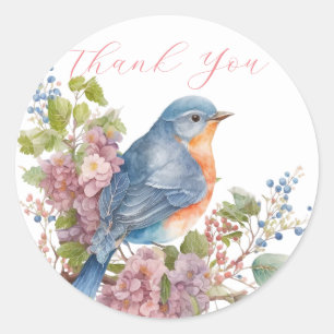 Romantische bloemen en blauwe vogel dank u ronde sticker