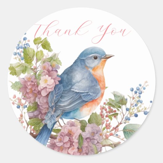 Romantische bloemen en blauwe vogel dank u ronde sticker (Voorkant)