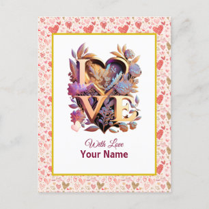 Romantische bloemen en gouden hart briefkaart