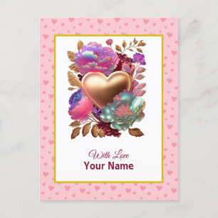 Romantische bloemen en gouden hart briefkaart
