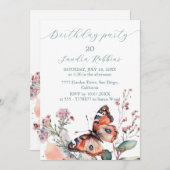 Romantische bloemen en vlinder Verjaardag Uitnodig Kaart (Voorkant / Achterkant)