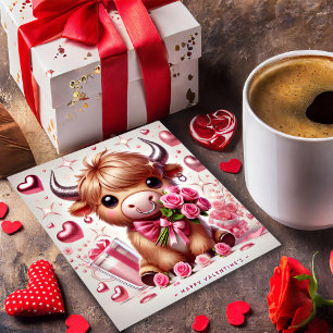 Romantische Bloemen Highland Koe Valentijnsdag Feestdagenkaart